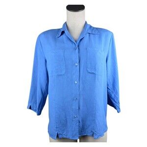 Notations 100% Silk Blouse Button Up Top Womens M Blue 3/4 Sleeve Flowy Career